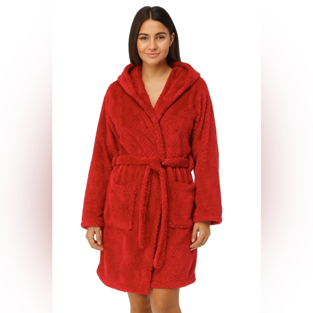 Honeydew Hooded Short Bath Robe Waffle Red Plush Fleece Belted Front Pockets S/M